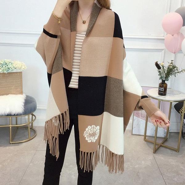 Thick Tassel Cloak Sweater Autumn and Winter Knitted Cloak with Sleeves