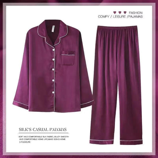 Women's Spring Summer Long-sleeved Pajamas Set Thin Cardigan Trousers Two-piece Set Solid Color Simple Ice Silk Satin Lapel Homewear Suit