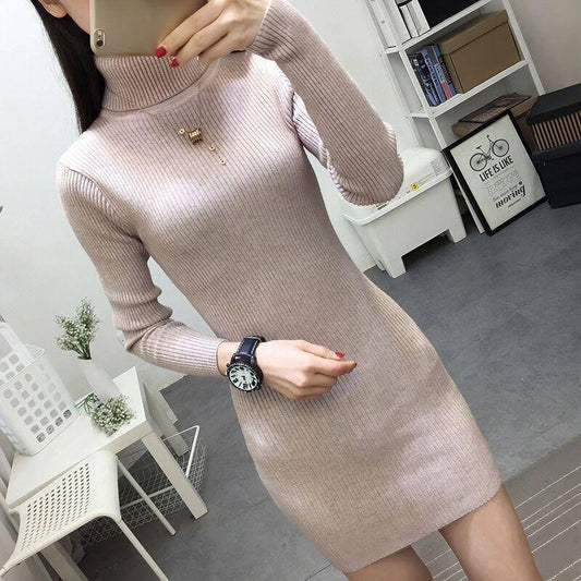 2019 Autumn Winter Casual Knitted Ladies Sweater Long Sleeve Turtleneck  Women Tops Sweaters Dress