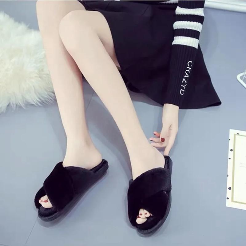 Women Fashion Warm Fluffy Slippers Cozy Faux Fur Cross Indoor Floor Slides Flat Soft Furry Ladies Female Celebrities Flip Flops