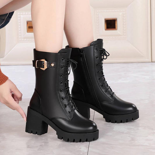 Boots Women Shoes Autumn Winter Fur Snow Boots Fashion Round Toe Lace-up Leather Boots Ladies Shoes