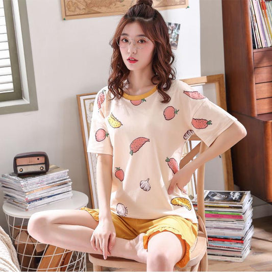 Short-sleeved Pajamas Women Summer Casual Cotton Cute Ladies Large Size Home Service Two-piece Suit