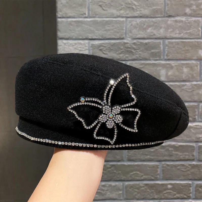 Women's Rhinestone Butterfly Wool Blend Beret Hat Spring Autumn All-match Elegant Retro Painter Hat Solid Color Baker Hat