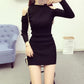 Spring Autumn Women's Knitted Pullover Sweater Sexy  Off-shoulder Long Sleeve Knit Dress Women's Mid-length Bag Hip Base Bodycon Sweater Dress