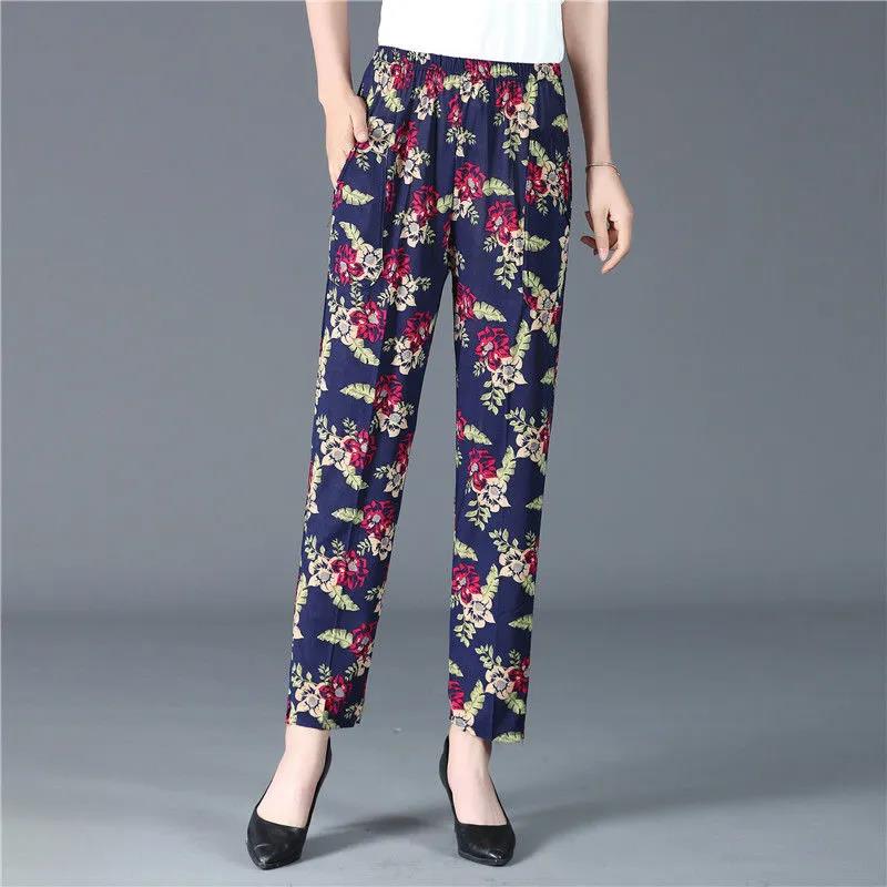 XL-5XL Women's Spring and Summer Elastic Waist Wide Leg Printed Casual Pants Female Plus Size Loose Simple Thin Cropped Pants