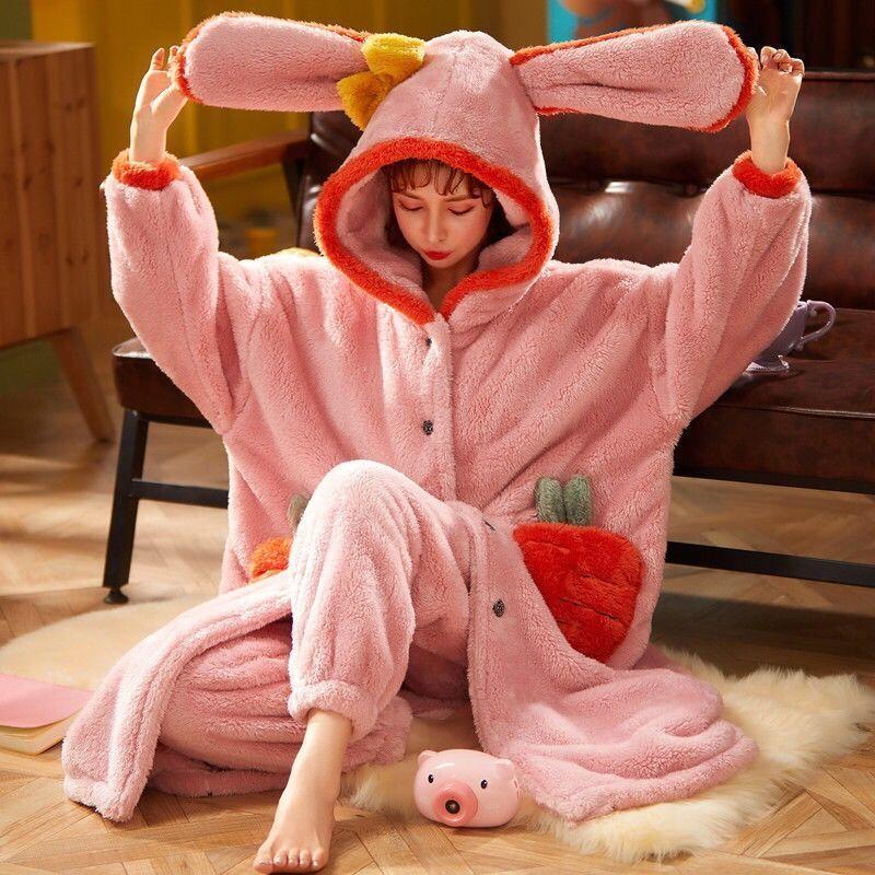 Large Size Thick Coral Fleece Warm and Skin-friendly Soft Pajamas for Women In Winter Long Cute Cartoon Can Be Worn Outside The Robe Can Be Washed