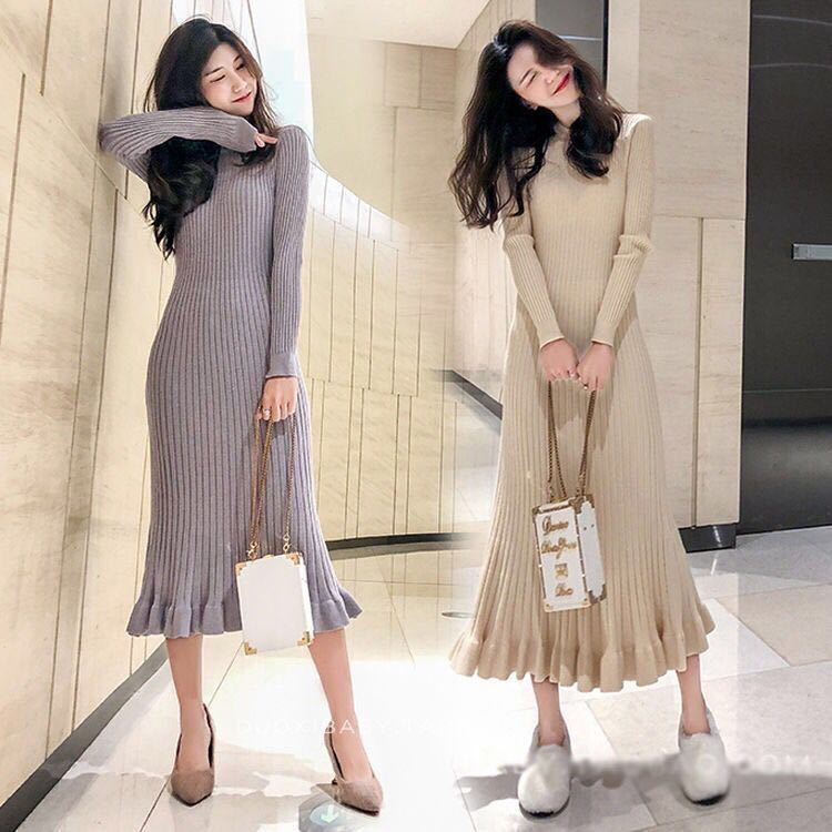 Fashion Slim Dress Winter Long Sleeve Half High Neck Buttoned Knit Sweater Mid-length Thin Dress