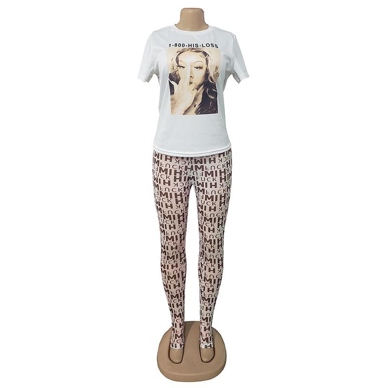 Women t-shirt Two-piece set  Short Sleeve Printed T-Shirt And Tight Mesh Perspective Trousers 2 Piece Set  Outfits