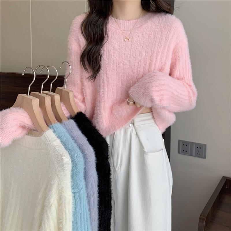 Pink Sweater Women Knitted Pullover Sweater O Neck Long Sleeve Loose Casual Jumper Furry Fall Winter Women Sweater Cropped Tops Short Clothes