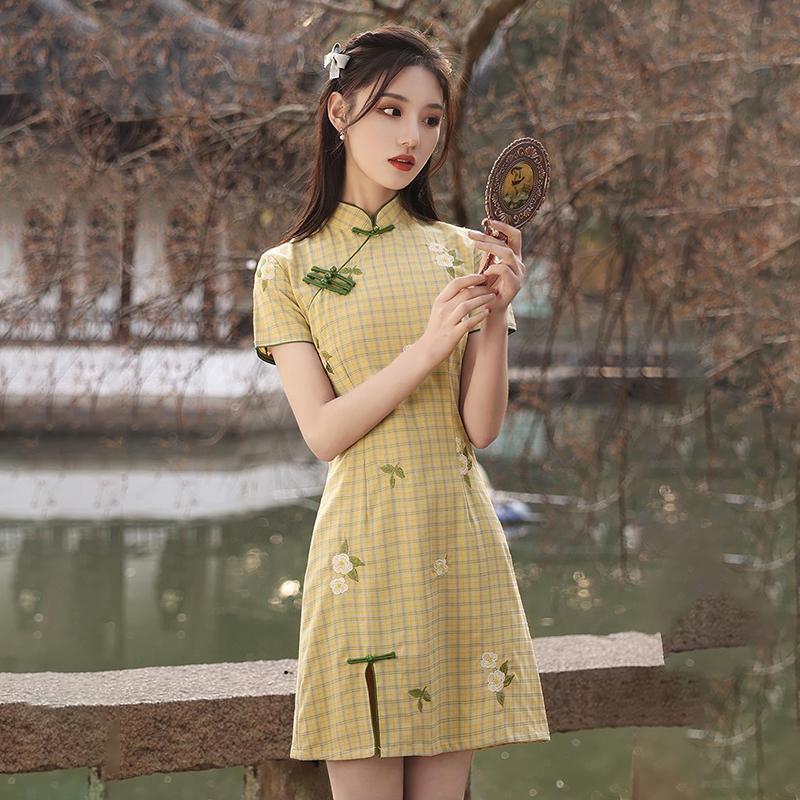 Improved Cheongsam Women's Summer Yellow and Green Plaid Daily Wear Young Girls Short Dresses