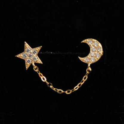 Star Moon Full Diamond Chain Earrings Single Ear Double Hole Stud Earrings Fashion Accessories