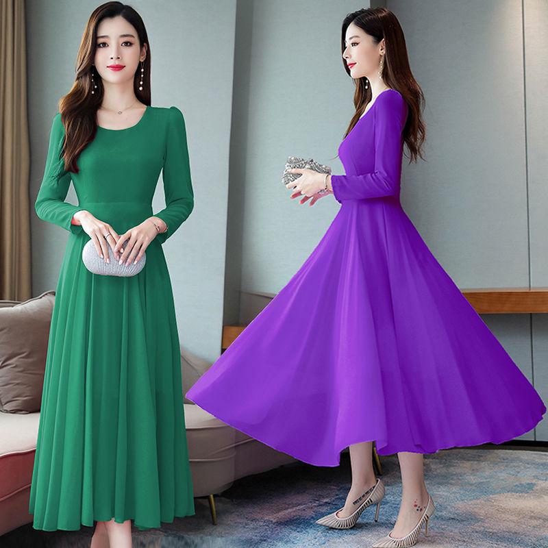 Chiffon large swing dress female long spring and autumn dress plus size long-sleeved slim skirt