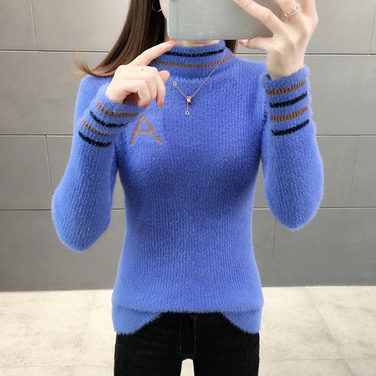 Autumn and Winter Imitation Mink Velvet Sweater Women Thick Slim Half High Neck Bottoming Shirt