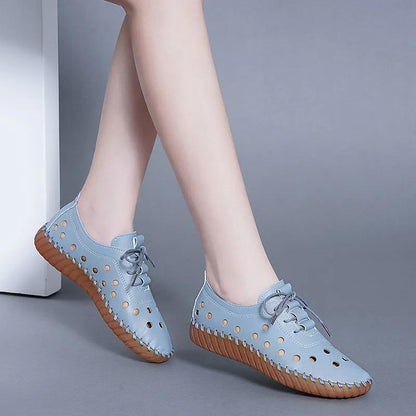 Women's Summer Soft Leather Hollow Shoes Hole Shoes Tendon Bottom Sandals Flat Casual Shoes Soft Bottom Comfortable Mother Shoes