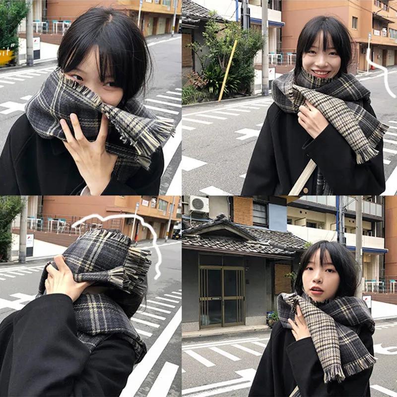 Winter Imitation Cashmere Scarf Korean Fashion Fringed Plaid Scarf Women's Dual-use Lengthened Thick Shawl Scarf