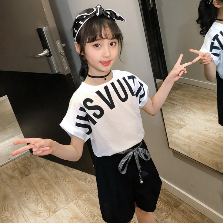 Girls' Children's Printed Letter Short Sleeve Suit Summer Girls' Korean Students' Shorts Two Pieces Set