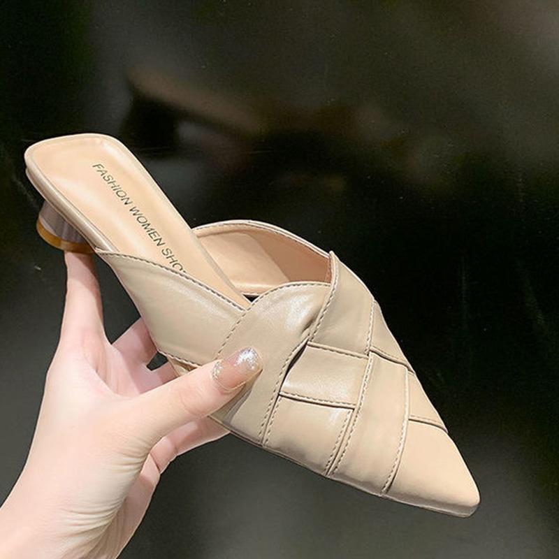 Low-heeled Baotou Half-slippers Women's Summer All-match Lazy Fashion Outer Wear Thick-heeled Pointed-toe Sandals and Slippers