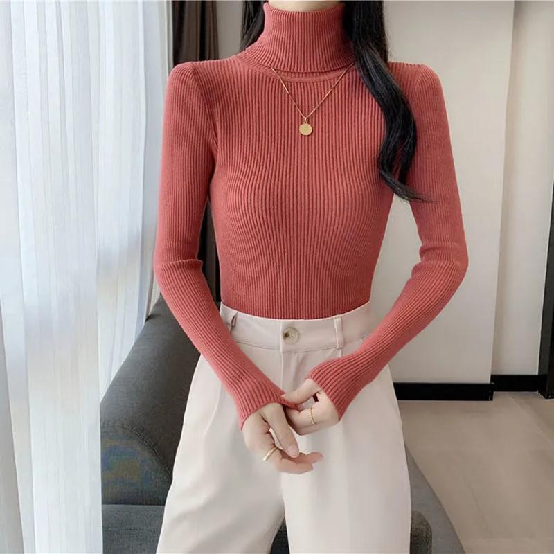 Women Turtleneck Sweater Autumn Winter Pullover Sweater Thick Warm Slim Casual Knitted Jumper White Black Pink Women Top Clothes