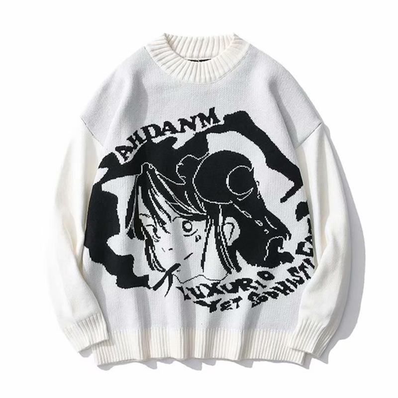 Anime Sweater Streetwear Hip Hop Harajuku Knitted Sweaters Women Oversized Loose O Neck Long Sleeve Black White Pullovers Japanese Fall Winter Sweater