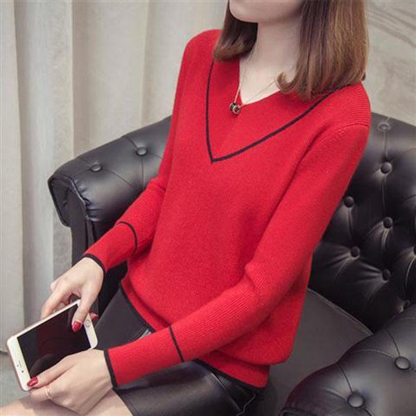 Autumn and Winter V-neck Sweater Pullover Short Loose Bottoming Shirt All-match Sweetheart Neck Female Top