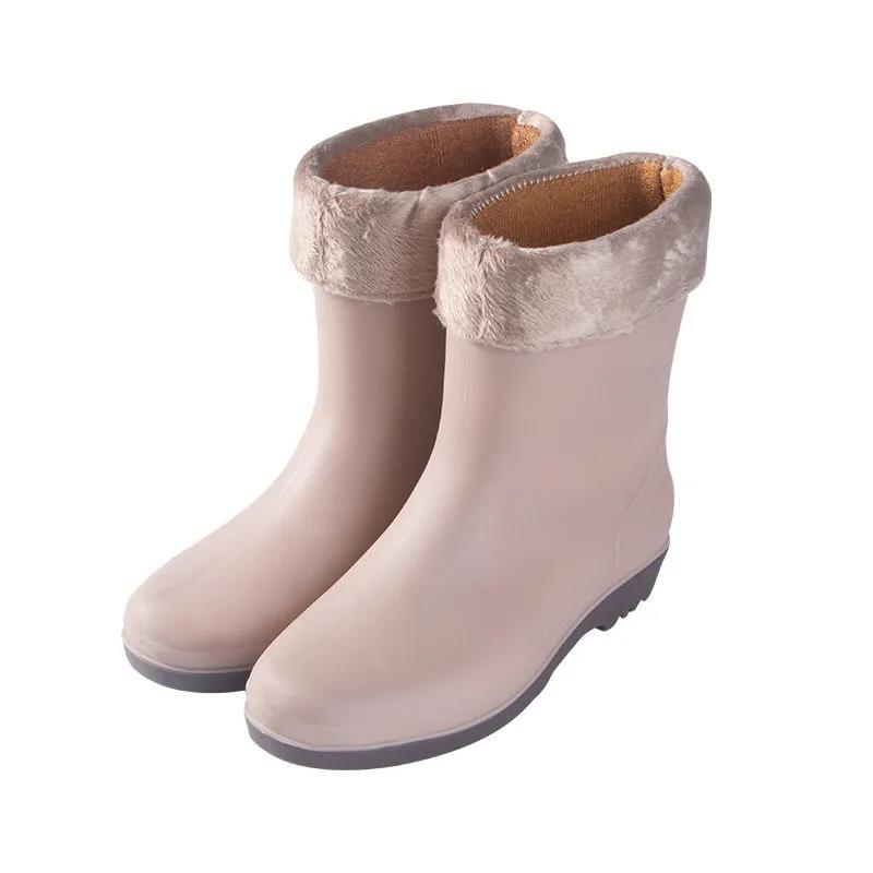 Female Autumn and Winter Rain Boots Adult Mid-tube Rain Boots   Rubber Shoes Non-slip Plus Velvet Cotton Warm Waterproof Shoes