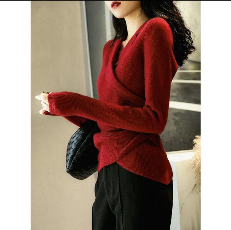 Autumn and Winter V-neck Crossover Ladies Sweater Elegant Temperament Gentle Knit Sweater Wear All-match Waist Casual Loose Shirt