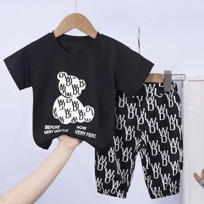 Boys and Girls Suit Summer Short-sleeved Western Chiffon Pants Handsome Casual Thin Bear Two-piece Suit