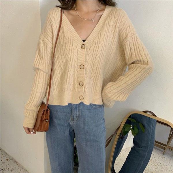 Autumn and Winter Retro Loose V-neck Wild Thin Knit Cardigan Jacket Sweater Coat Women