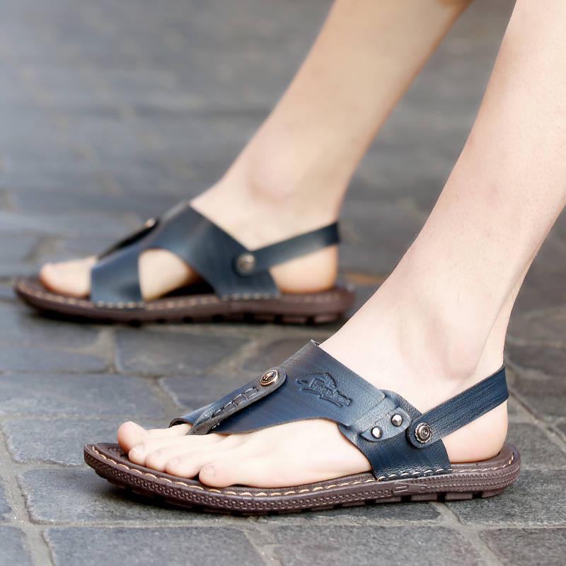 Men's Summer Leather Casual Beach Shoes Leather Flat Non-slip Sandals Slippers Dual-purpose Shoes