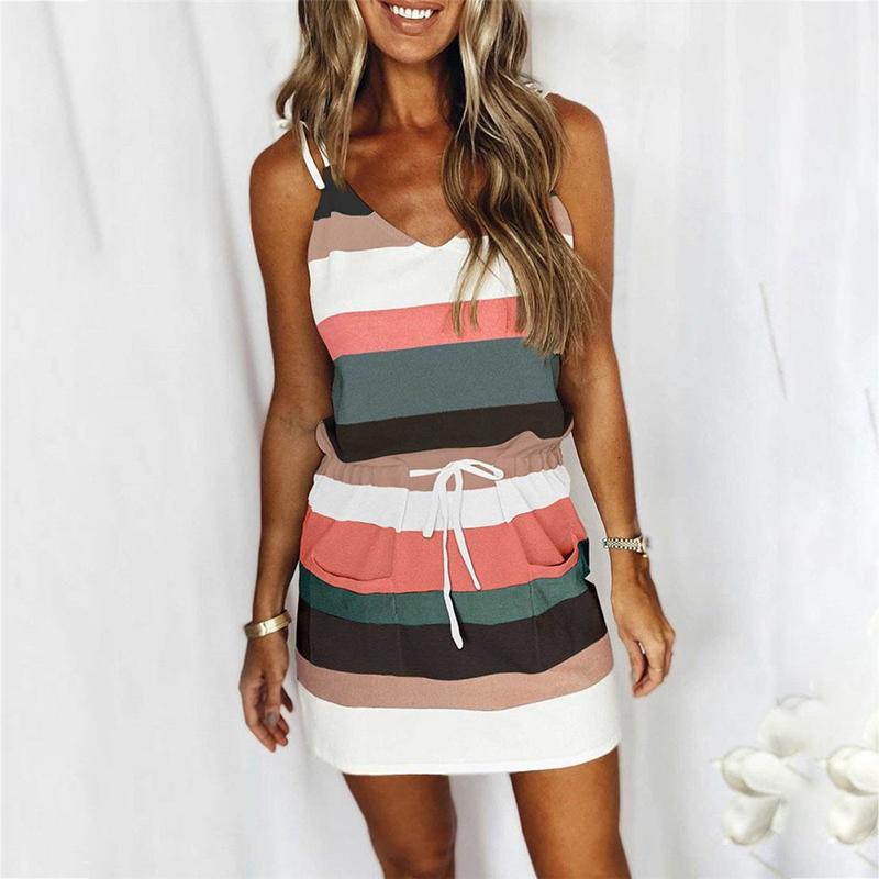 WTEMPO Summer Suspender Dress Women Sexy V-neck Loose Print Stripe S-XXXL Club Party Beach Dress