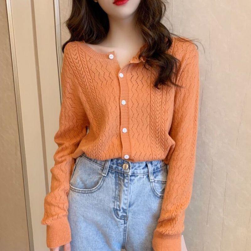 Spring and Autumn Solid Color Button Sweater Loose Fashion Cardigan Jacket Hollow Knitted Women's Top