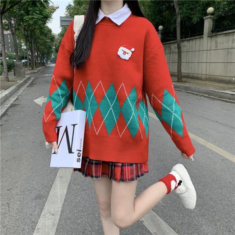 College Style Loose Outer Wear Casual Retro Diamond Plaid Pullover Sweater Female Student Knit Sweater Top Autumn  Winter