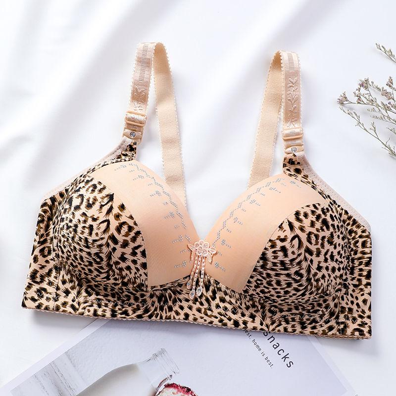 Large Size Thin Leopard Print Bra Underwear Female Super Gathered Sexy Big Breasted Anti-sagging No Steel Ring Bra