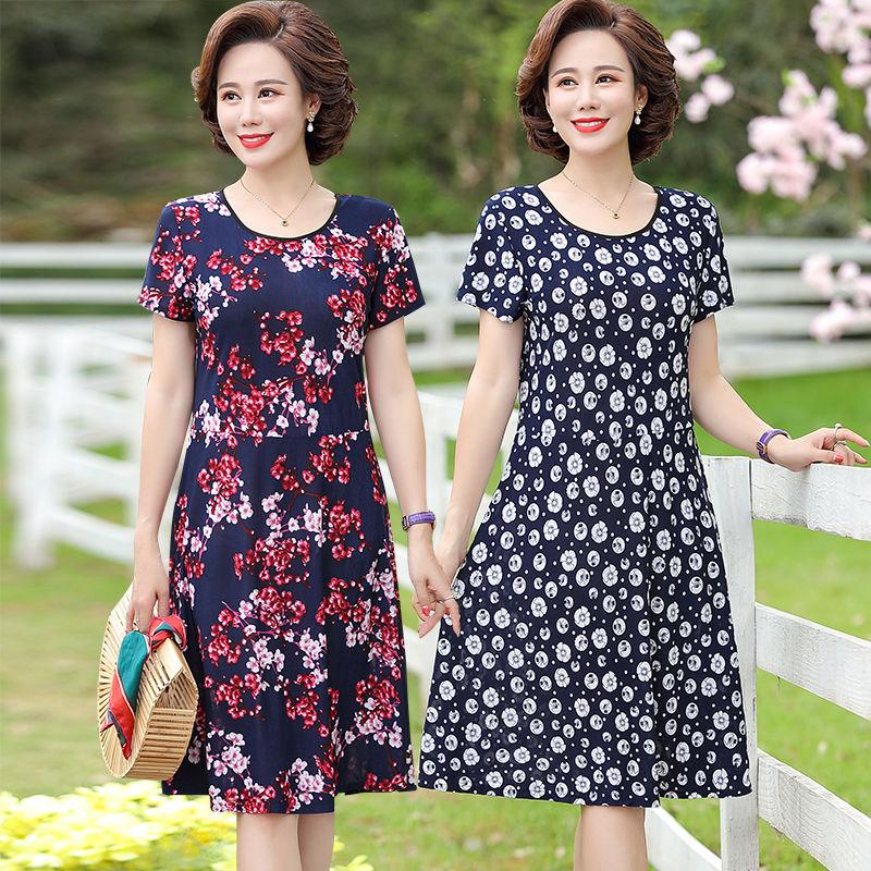 Round Neck Floral Dress Loose Large Size Slimming Women's Dress Short Sleeve Long Skirt Slimming Skirt Fabric Light and Breathable