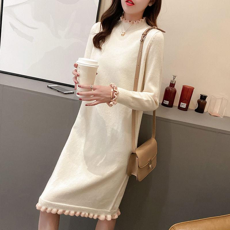 Autumn and Winter Retro Knitted Dress Mid-length Loose Over The Knee Base Skirt Fashion Casual Women Sweater Dress