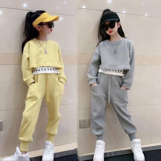 Girls' Spring and Autumn Suit Children's Leisure Suit Sports Sets Sweater Fake Two Pieces Solid Color Loose Two Pieces