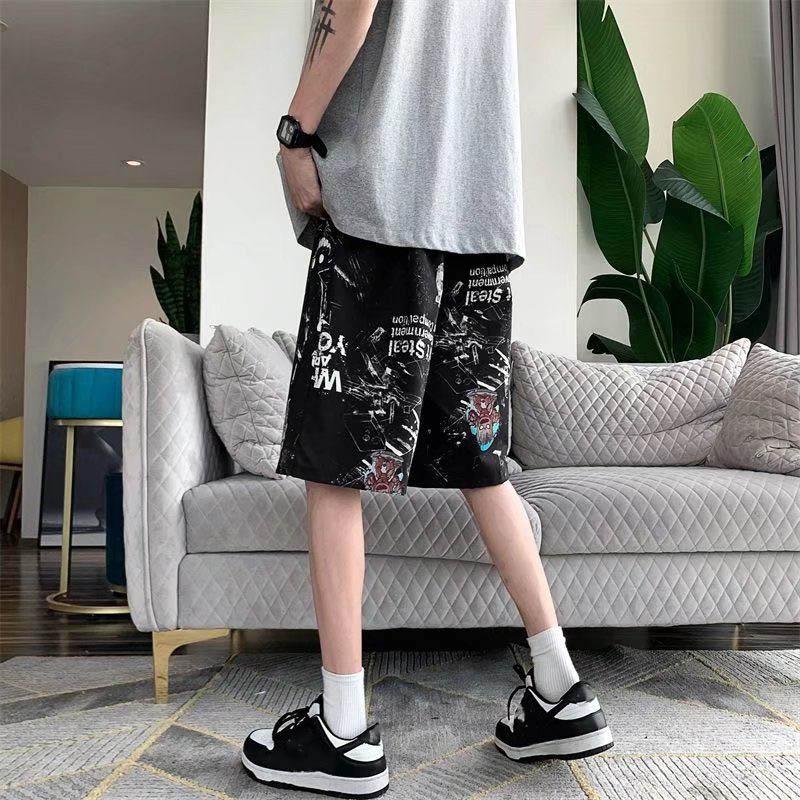 Summer Men's Creative Graffiti Casual Pants Loose Straight Harajuku Couple Sports Five-point Pants Breathable and Comfortable Outer Wear Shorts