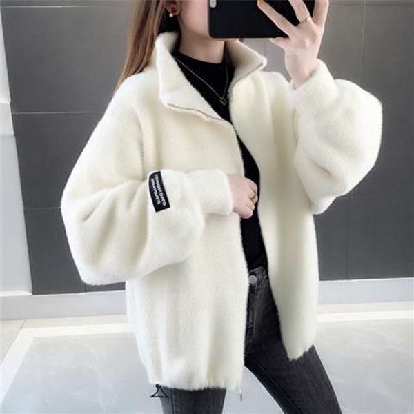 Autumn and Winter Mohair Loose Coat Short Knit Cardigan Tops Solid Color High Neck Women's Coat