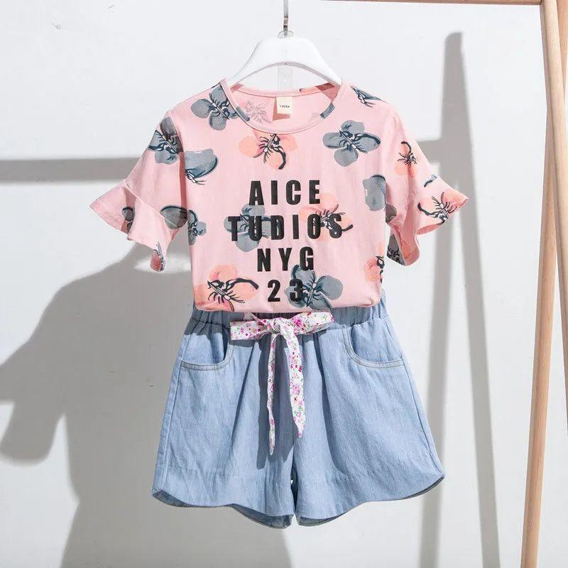 2PCS Children Clothing Set Spring Summer Girls Suits Printing Letter Short Sleeve Tops + Pants Clothing Set