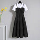 Women Vintage High Waist Round Neck Holiday Splicing Dress Elegant Slim Large Size Pleated Short Sleeve Casual Dress