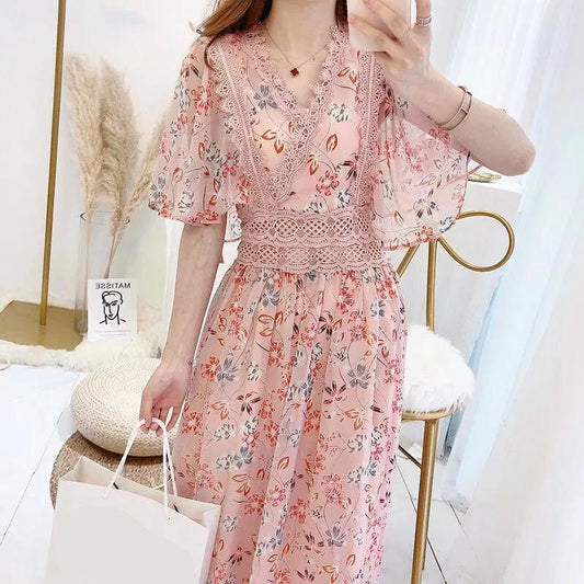 Female Vintage High Waist Super Fairy Holiday Dress Elegant Slim Lace Chiffon Floral Print Pleated Dress