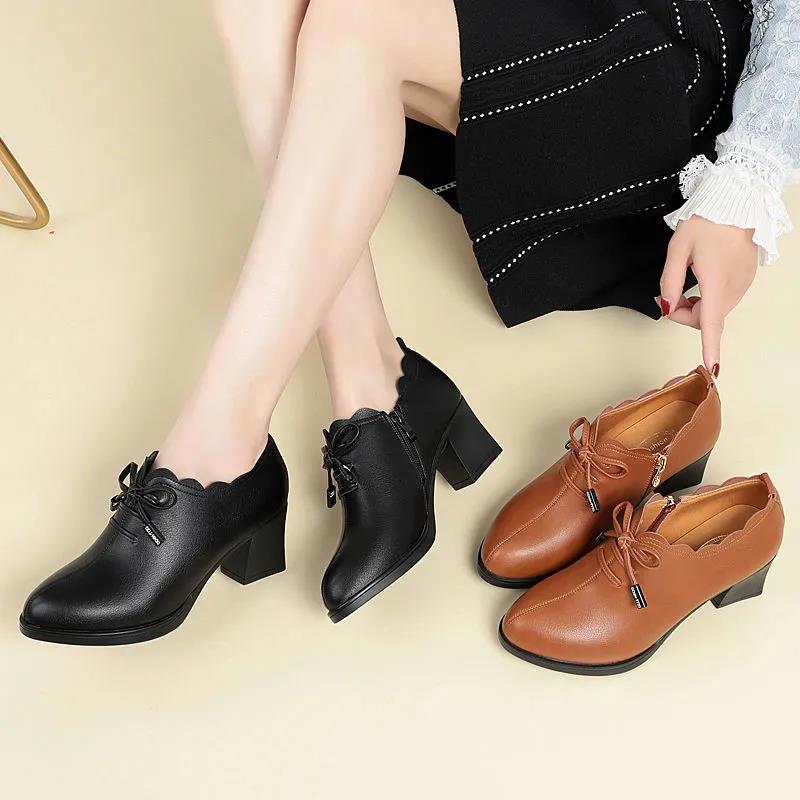 2021 Spring and Autumn New Deep-mouth Single Shoes Shoes Soft Sole Thick Heel Women's Shoes Bow Ladies Mid-heel Leather Shoes