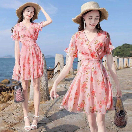 Pofulove Women Chiffon Floral Short-sleeved Dress Slim Short Sun-dresses Vacation Pink Beach Skirt