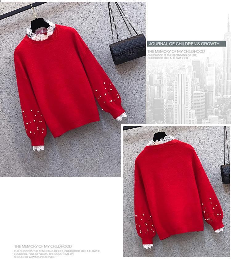 2pcs/set Plus Size Knitted Skirt Sets Women Fall/winter Beaded Lace Stitching Pullover Sweater and Knitted Skirt Two-piece Set Female Outfits