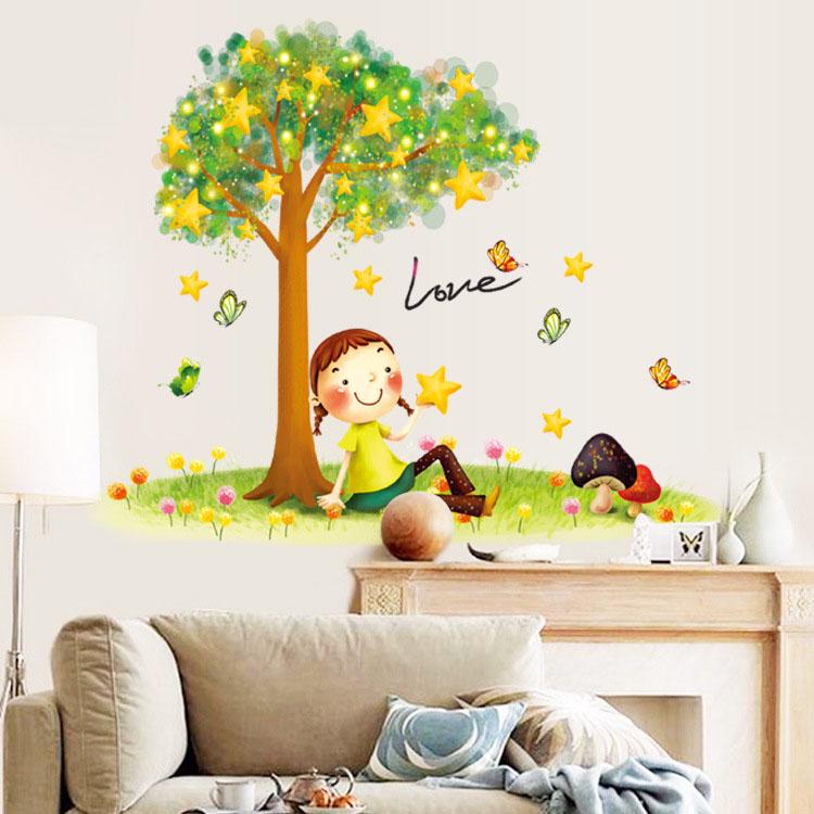 The girl under the tree the third generation removable PVC transparent film wall stickers love warm