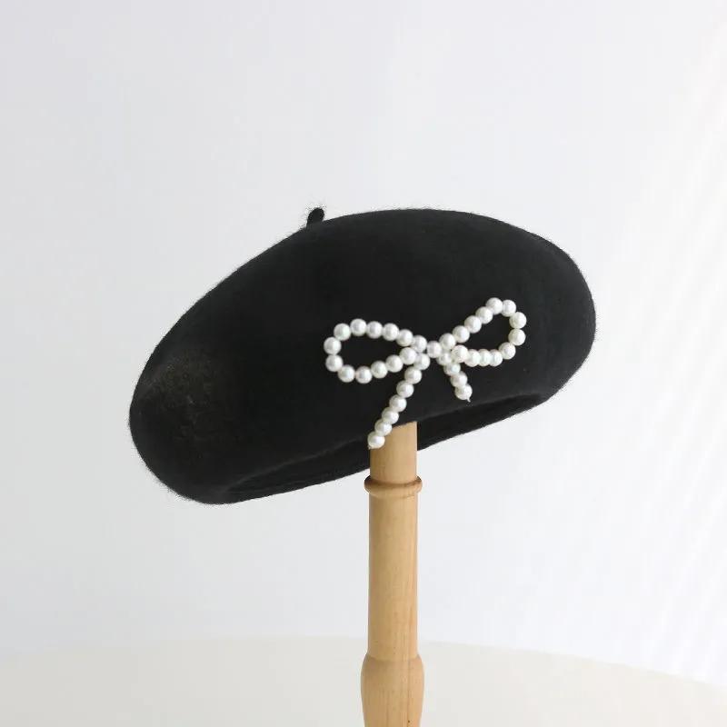 Retro Pearl Bow Beret Hat Women's Spring Autumn Retro Wool Blend Painter Hat All-match Elegant Black Hat