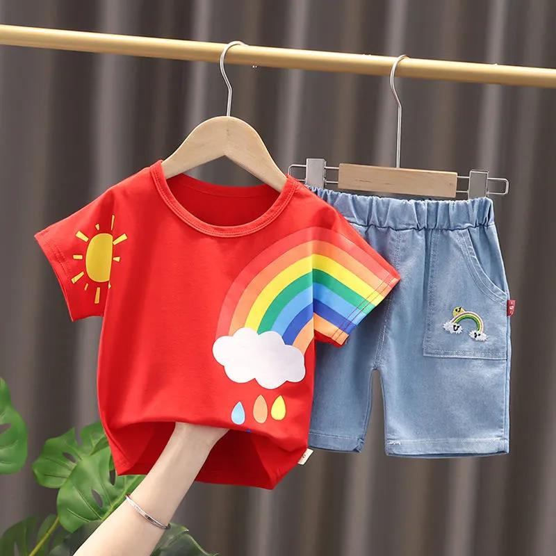 Boys' Summer Two-piece Suits for Babies Children Kids Rainbow Clothes for Boys Summer Clothes for Boys, 0-1-2-3 Years Old Suit