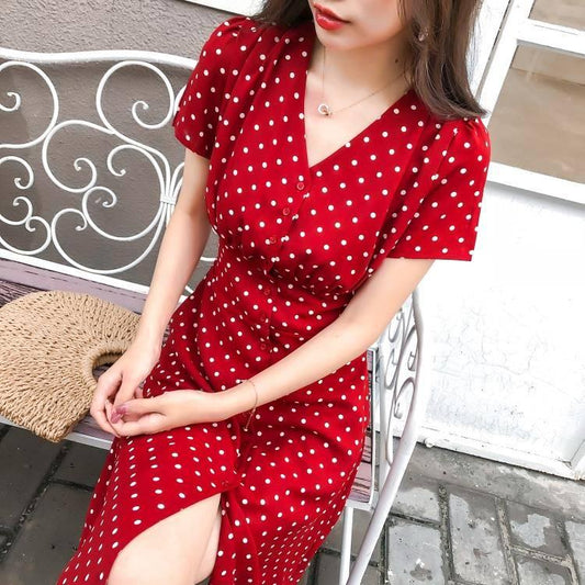 Women Boho Polka Dot Sexy Dress Summer Holiday Sundress Beachwear Short-sleeved Chiffon A-line Dress