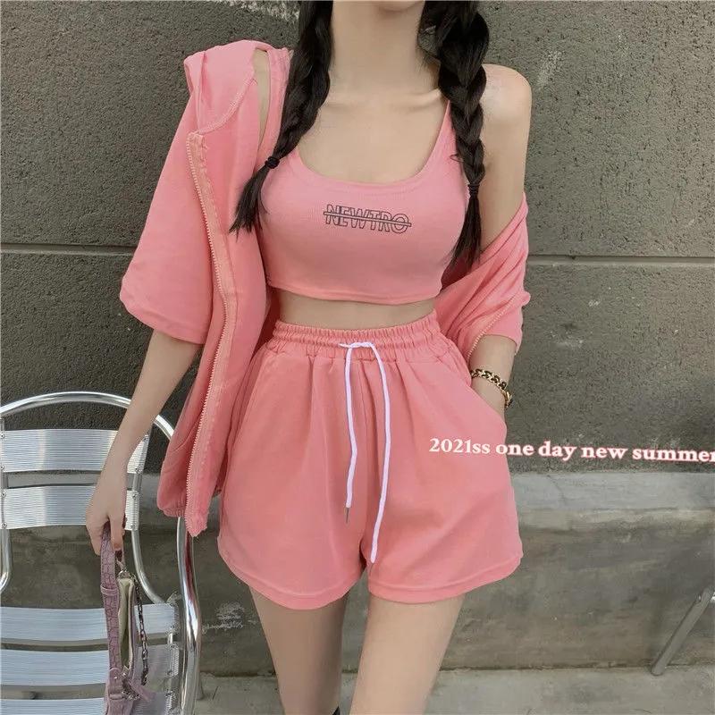 3PCS Casual Sports Suit Ladies Summer Zip Cardigan + Vest + Wide Leg Shorts Three-piece Set Tracksuits Jogging Suits Girls Athletic Clothing