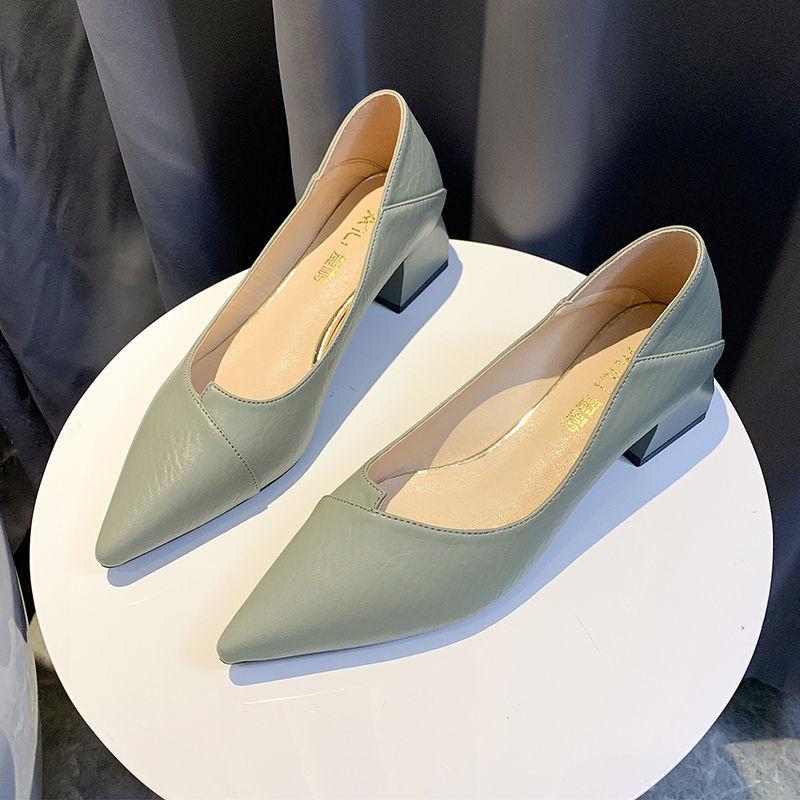 Pointed Toe Women's Shoes with Thick Heel Pump High Heels Retro Style Thick Heel Ladies High Heel Leather Shoes Slip-in Heel Shoes